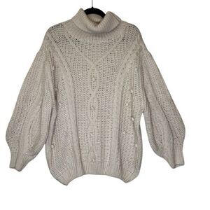 Wishlist Ivory Fisherman Cable Knit Wool Blend Bishop Slv Oversized Swtr Sz M/L